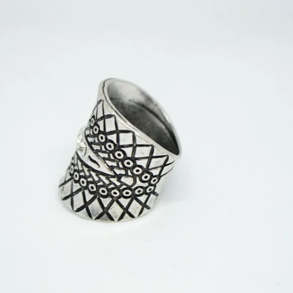 Clear Rhinestone Silver Tone Embossed Full Knuckle